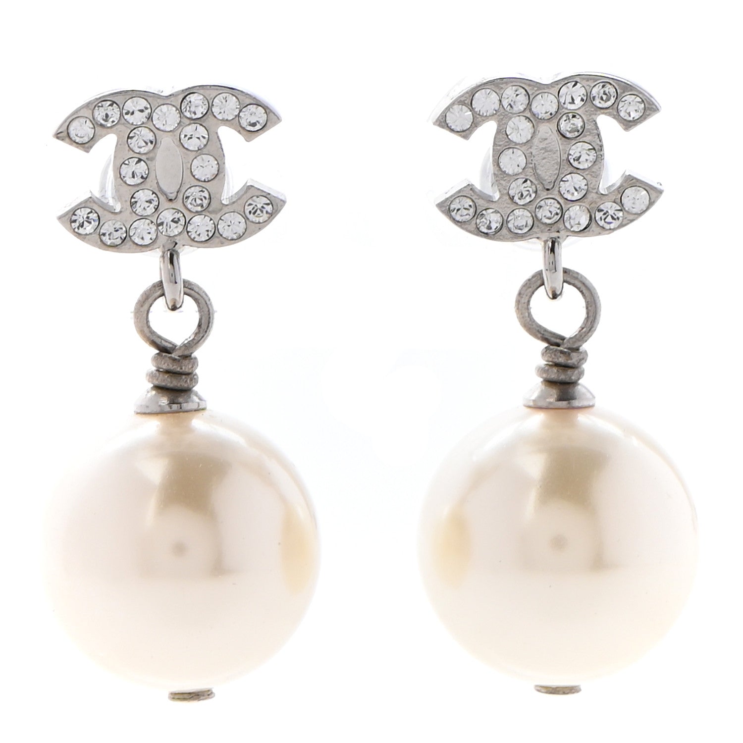 Chanel Crystal Pearl CC Drop Earrings Silver 1 of 4