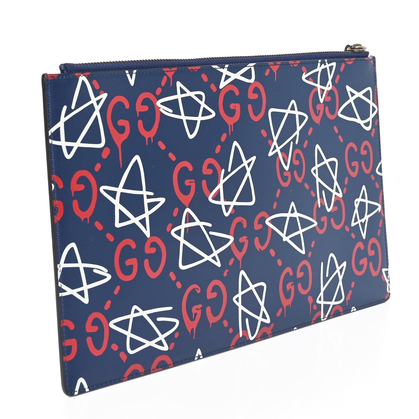 Calfskin GucciGhost Print Pouch Blue Agata Hibiscus Red