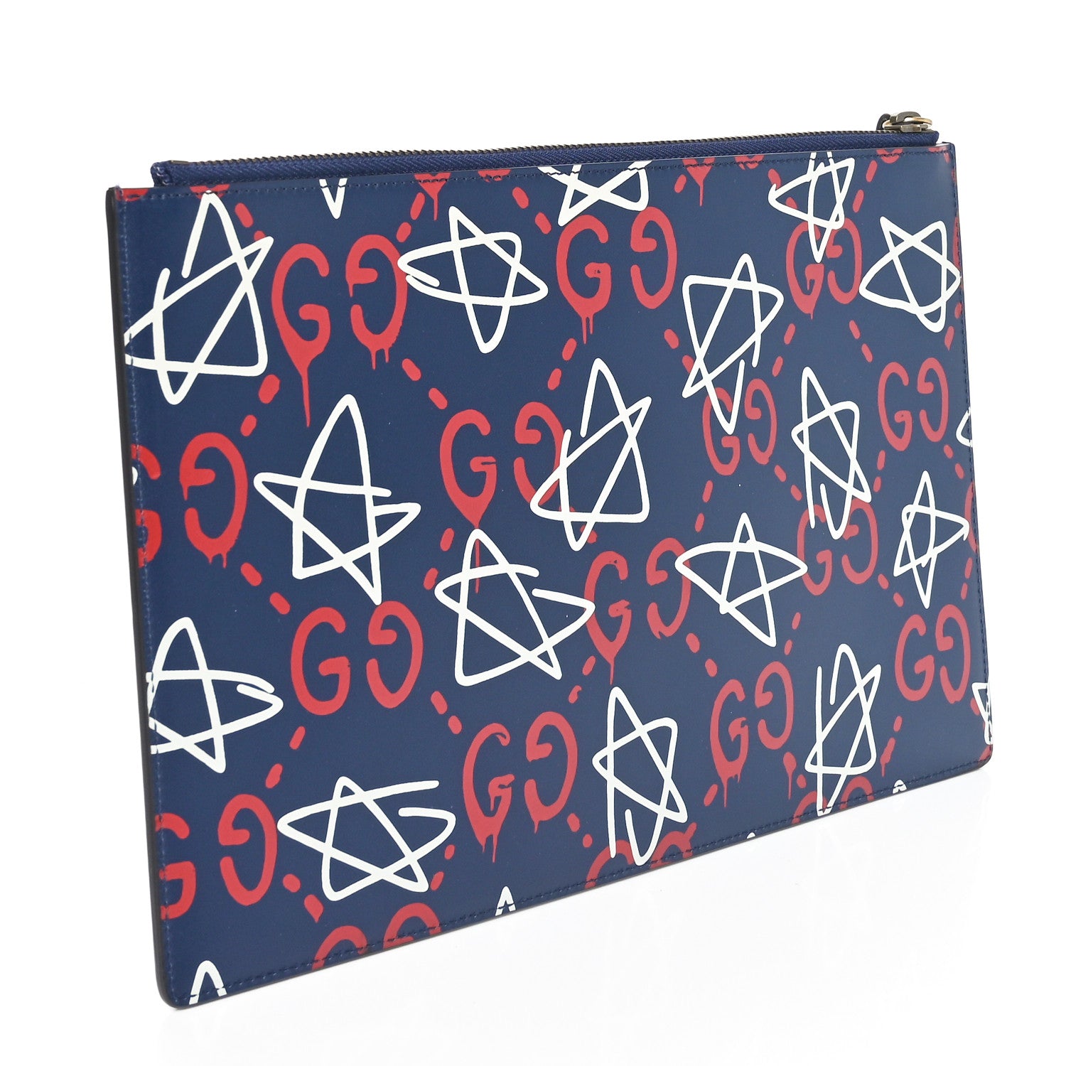Gucci Calfskin GucciGhost Print Pouch Blue Agata Hibiscus Red 3 of 9