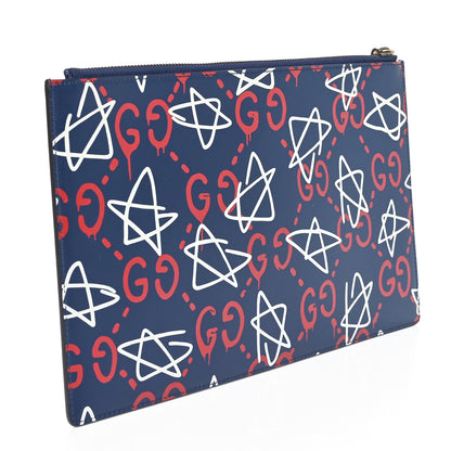 Gucci Calfskin GucciGhost Print Pouch Blue Agata Hibiscus Red 3 of 9