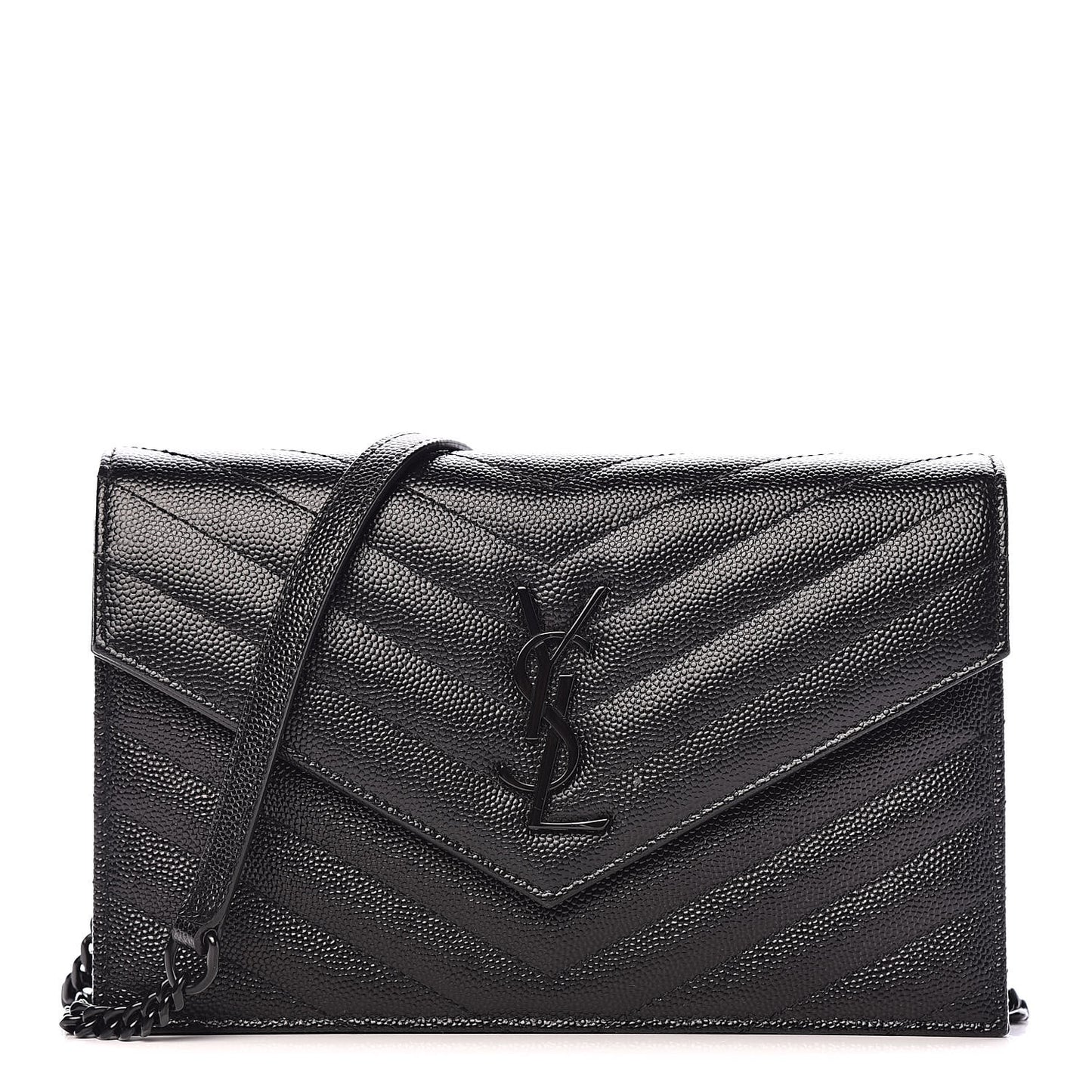 Grain De Poudre Matelasse Chevron Monogram Envelope Chain Wallet Black