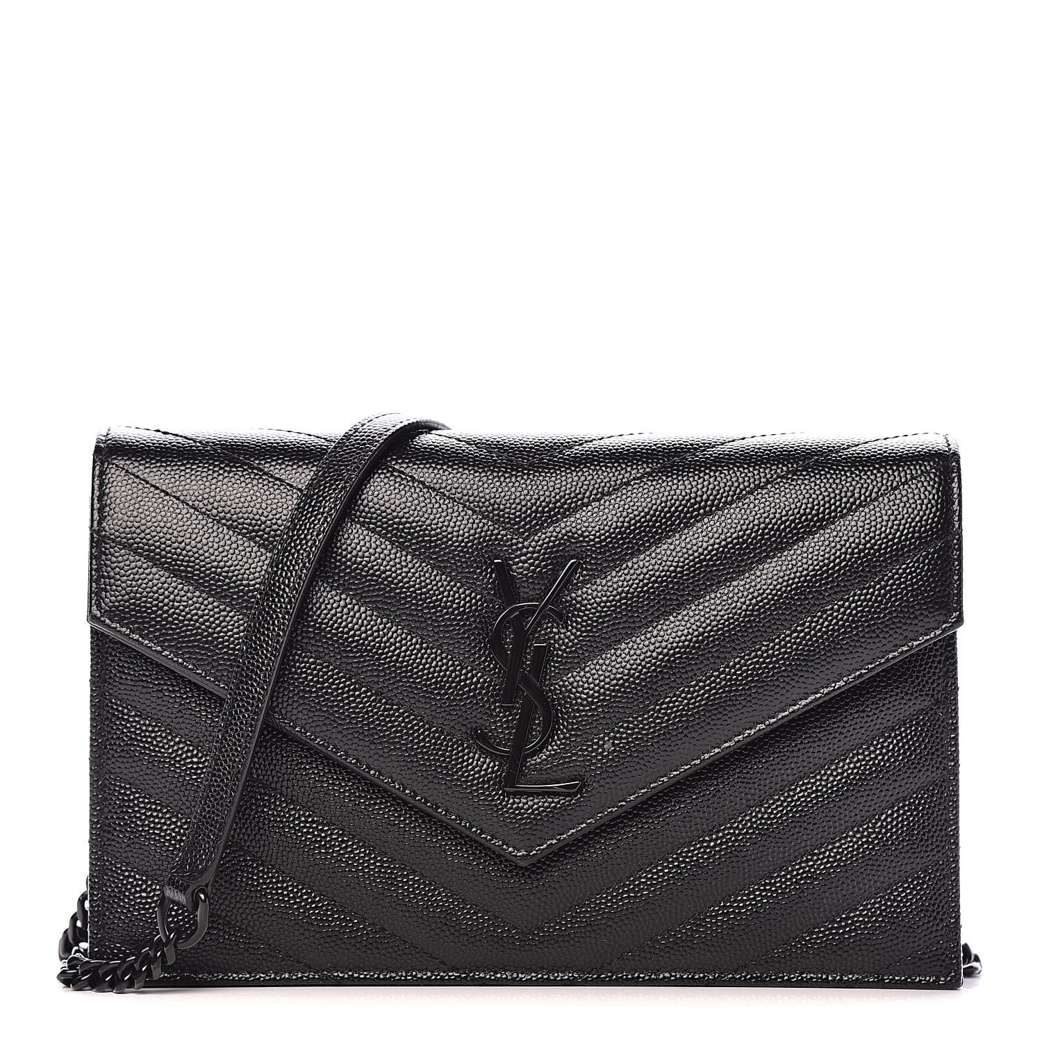 Saint Laurent Grain De Poudre Matelasse Chevron Monogram Envelope Chain Wallet Black 1 of 10