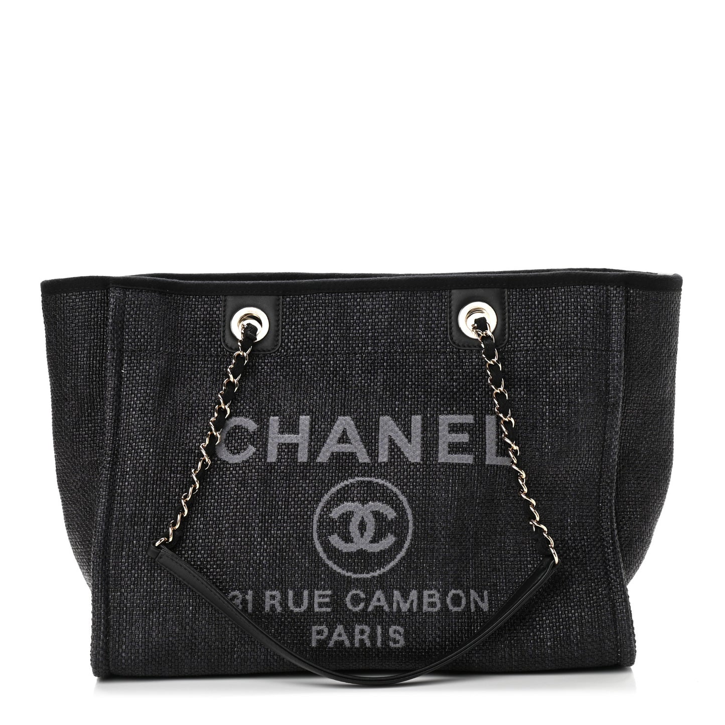 Woven Straw Raffia Small Deauville Tote Black