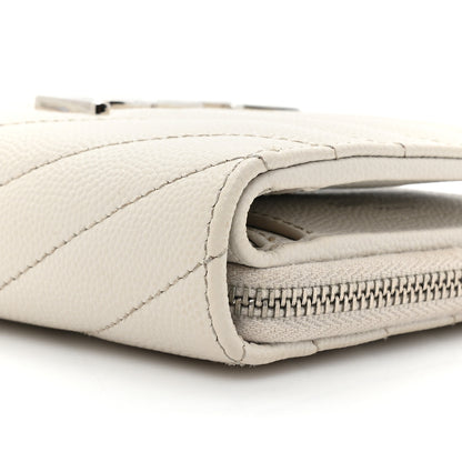 Saint Laurent Grain De Poudre Matelasse Chevron Monogram Compact Zip Around Wallet Ivory 9 of 14
