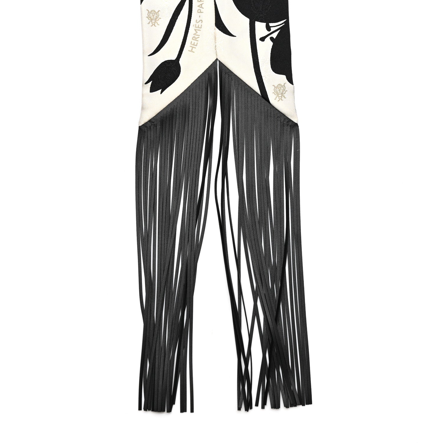 Hermes Silk Calfskin Bouquet Final Fringed Twilly Creme Black 2 of 5
