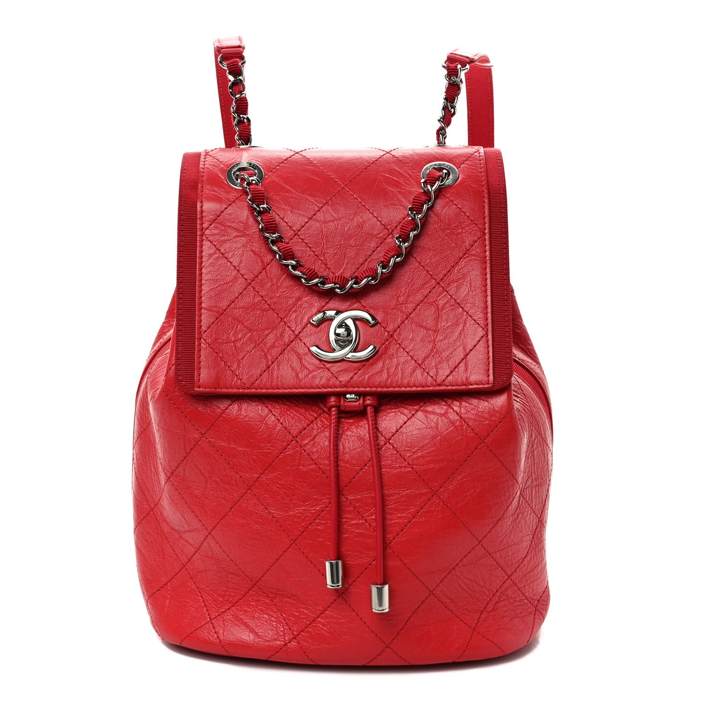 Crumpled Grained Calfskin Quilted Backpack Red