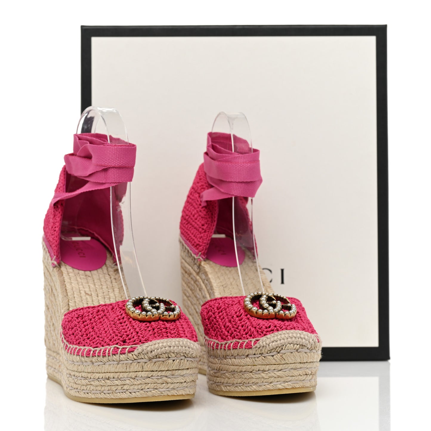 Cotton Crochet Pearly GG Ankle Wrap Platform Espadrille Wedges 37 Cyclamen Rose