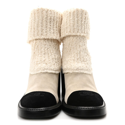 Chanel Suede Knit Boots 38.5 Ivory Light Gray Black 2 of 8