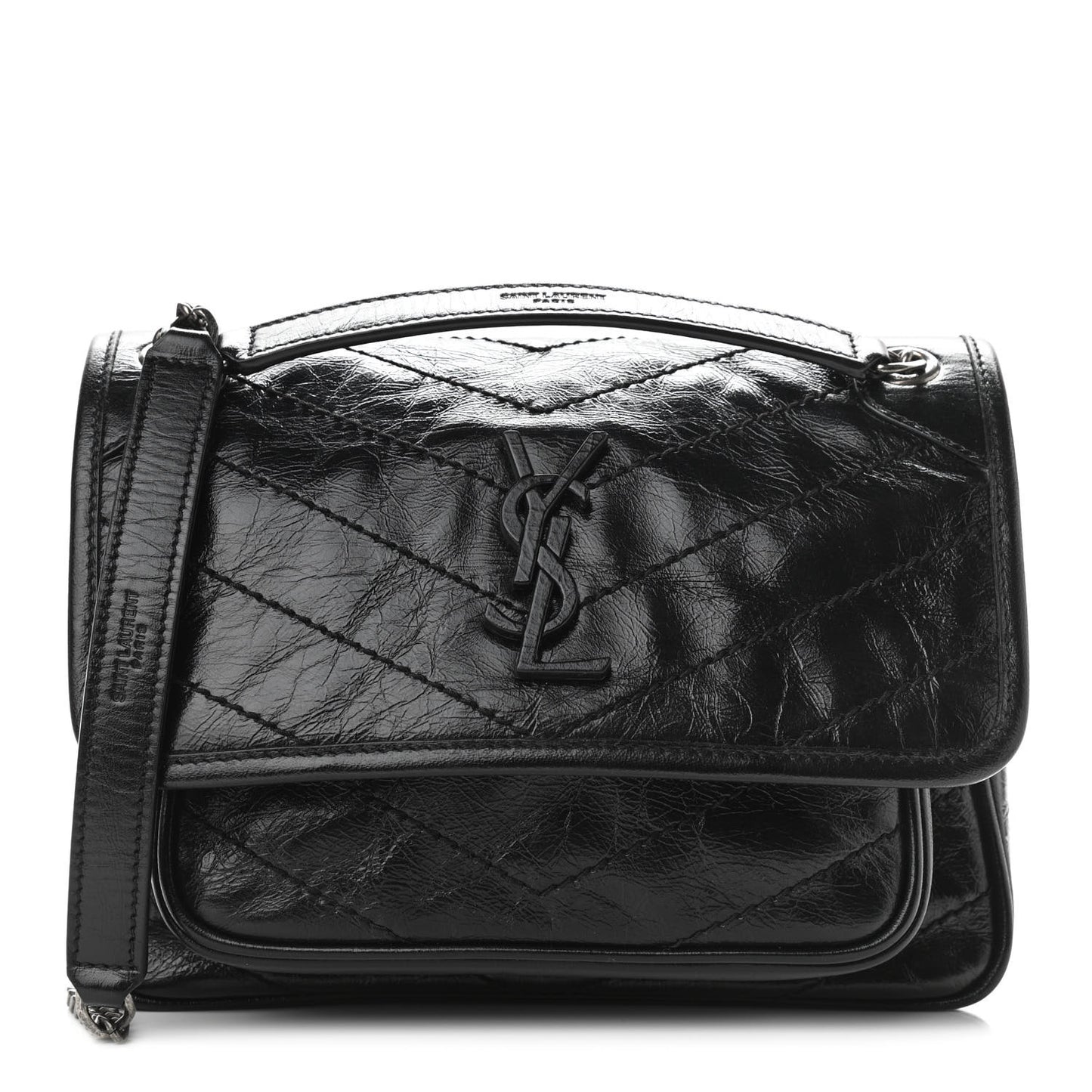 Crinkled Calfskin Matelasse Monogram Baby Niki Chain Satchel Black