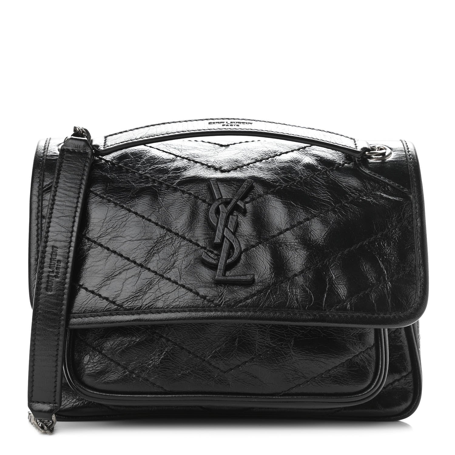 Saint Laurent Crinkled Calfskin Matelasse Monogram Baby Niki Chain Satchel Black 1 of 10