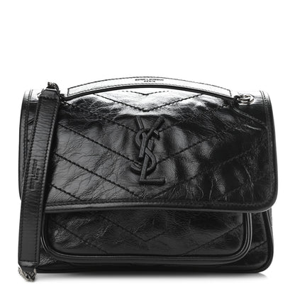Saint Laurent Crinkled Calfskin Matelasse Monogram Baby Niki Chain Satchel Black 1 of 10