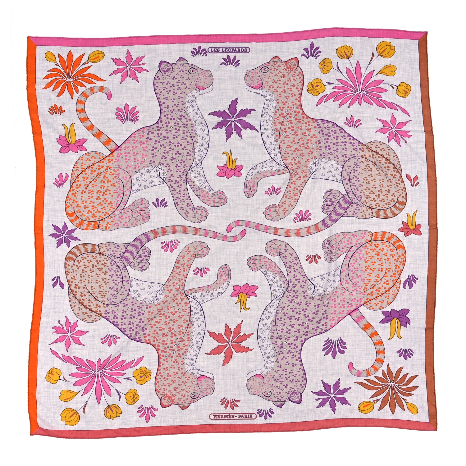 Hermes Cashmere Silk Les Leopards Shawl 140 Gris Chine Rose Or 1 of 3