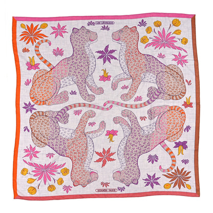 Hermes Cashmere Silk Les Leopards Shawl 140 Gris Chine Rose Or 1 of 3