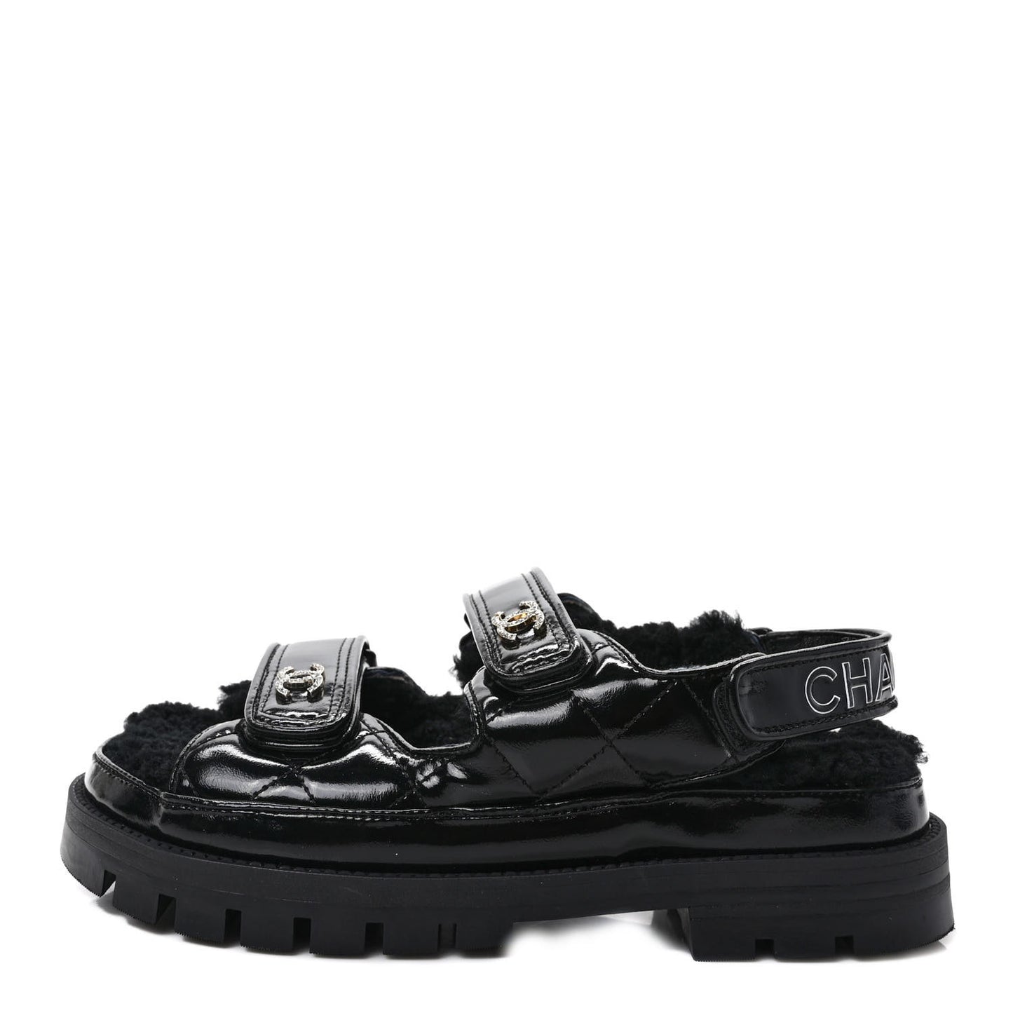 Laminated Lambskin Shearling Crystal CC Velcro Dad Platform Sandals 38 Black