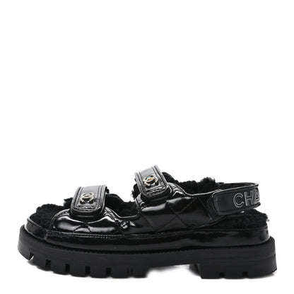 Chanel Laminated Lambskin Shearling Crystal CC Velcro Dad Platform Sandals 38 Black 1 of 8