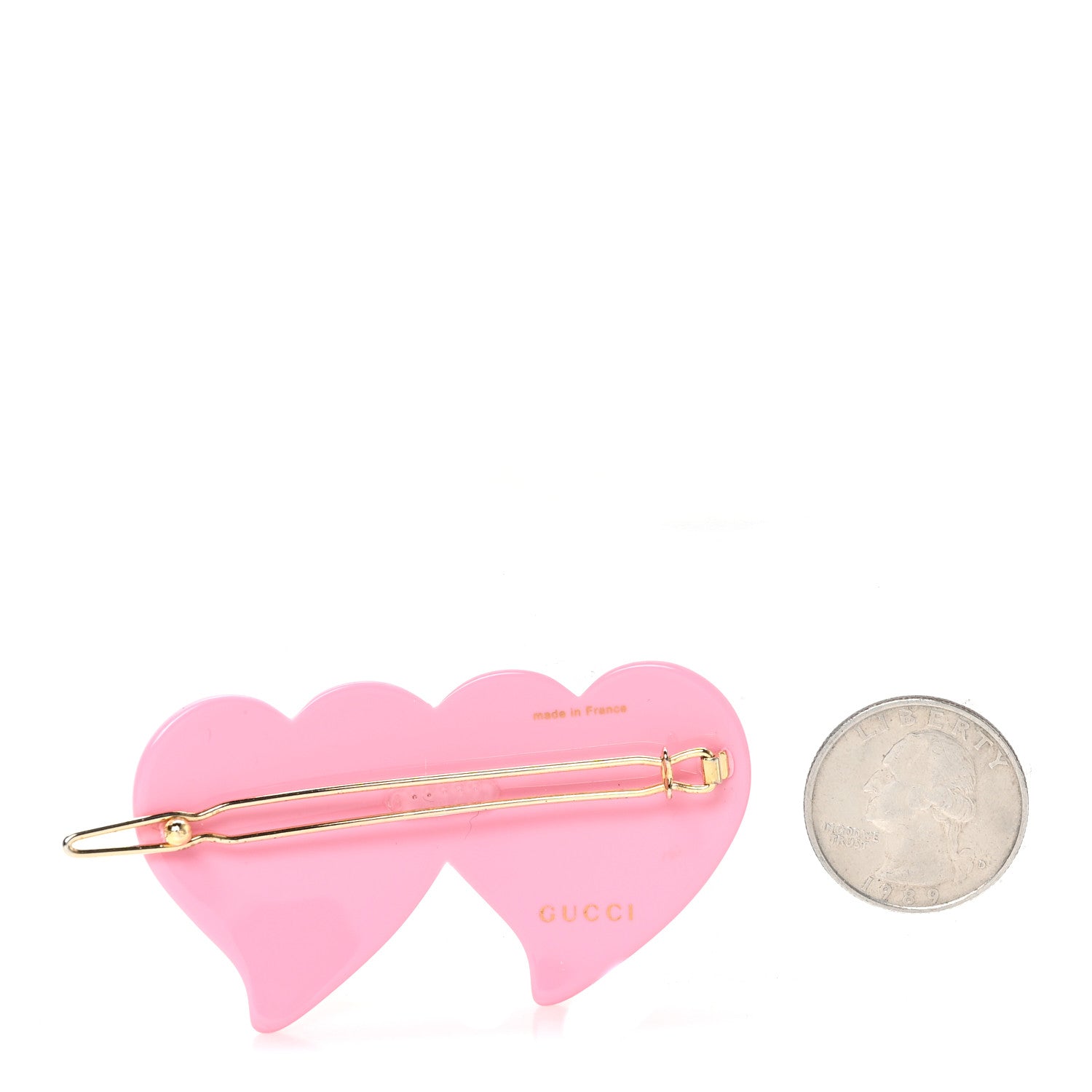 Gucci Resin Crystal Embellished GG Double Heart Hair Clip Pink