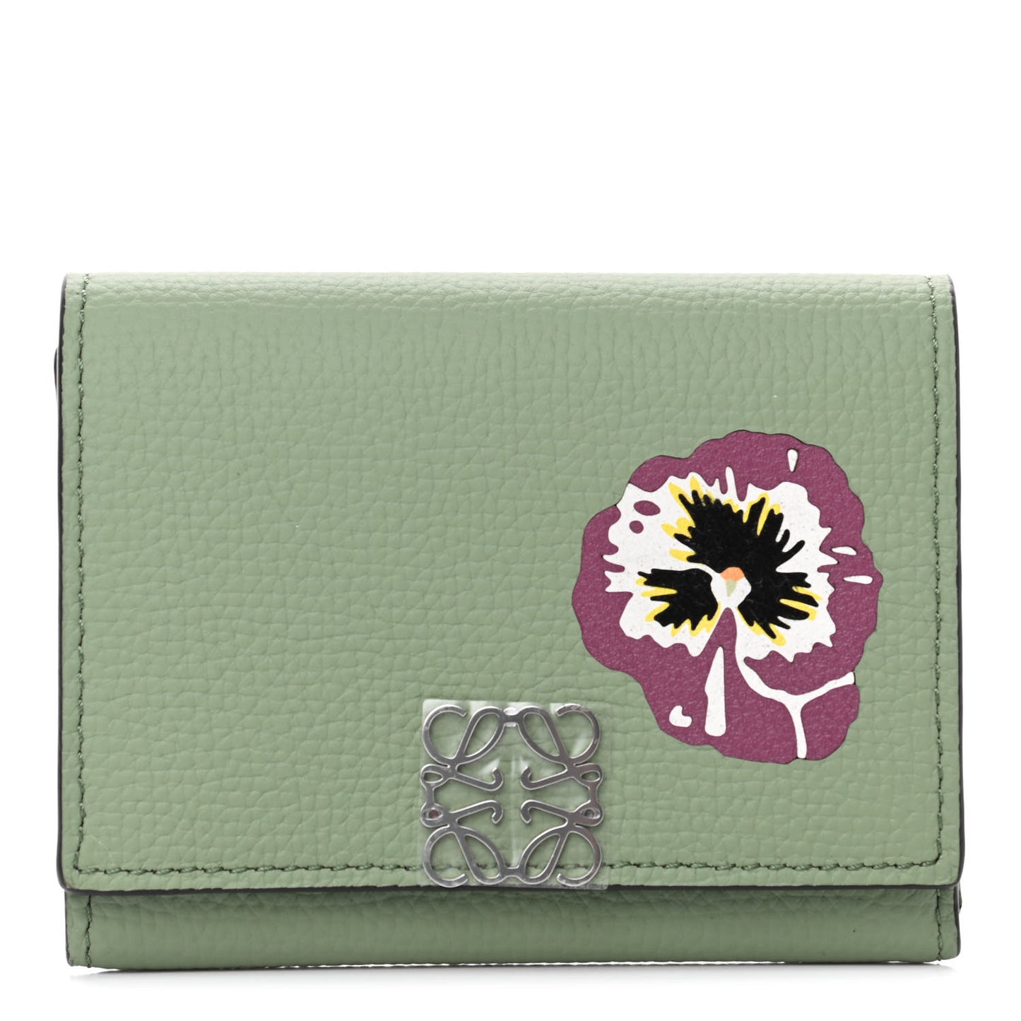 Pebble Grain Calfskin Pansies Print Coin Cardholder Rosemary