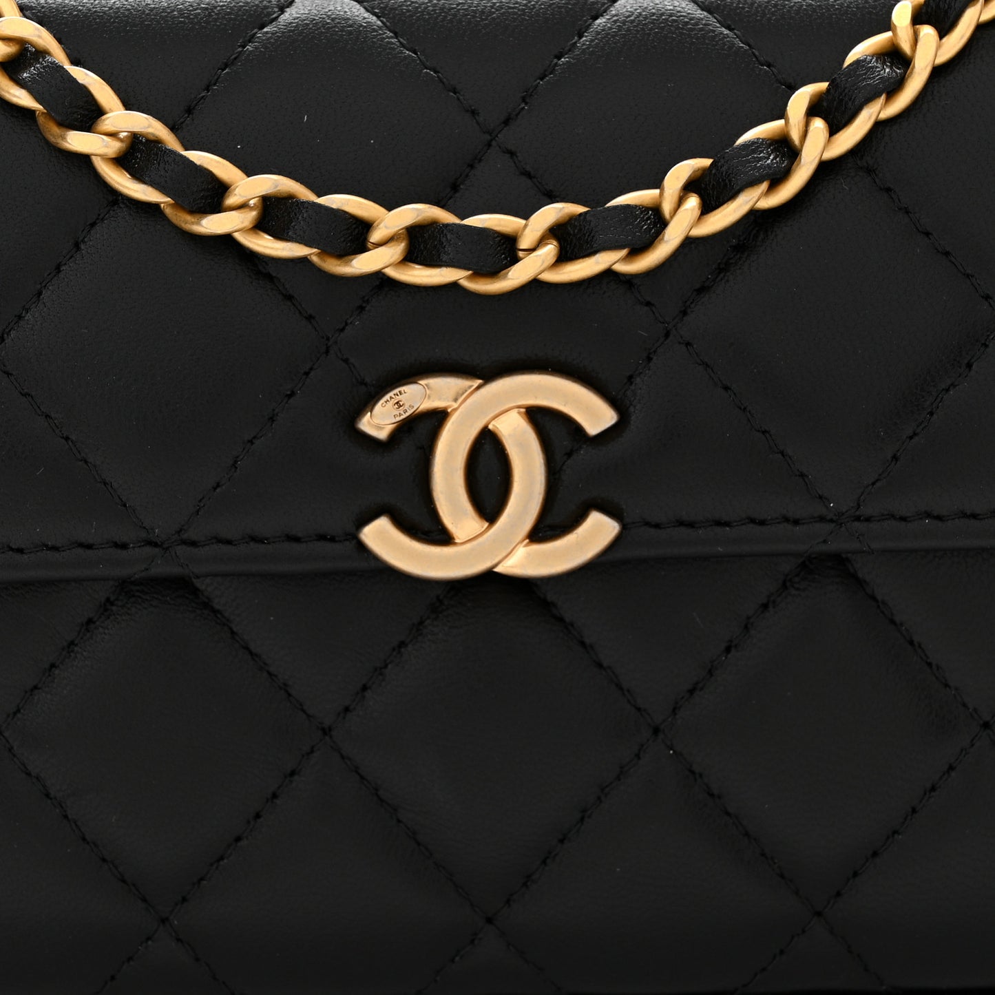 Lambskin Enamel Quilted Top Handle Flap Phone Holder With Chain Black