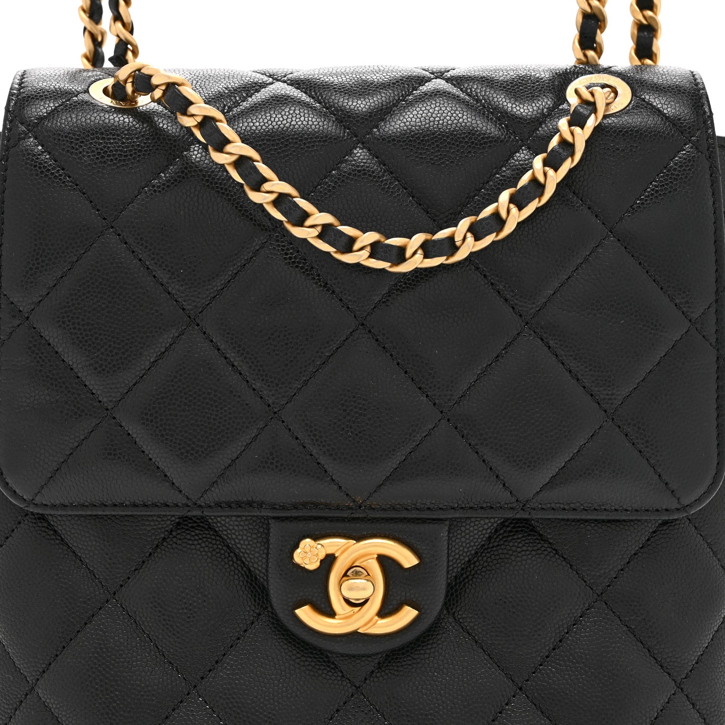 Caviar Quilted Camellia Chain Around Backpack Black