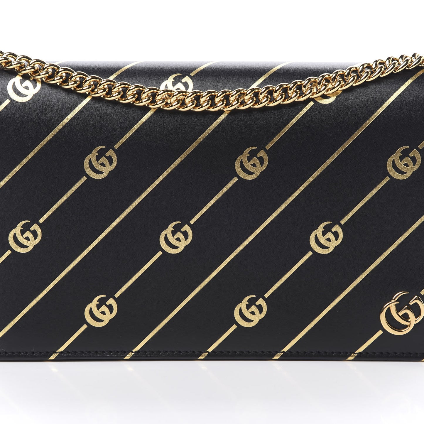 Calfskin Diagonal GG Mini Chain Wallet Black Gold
