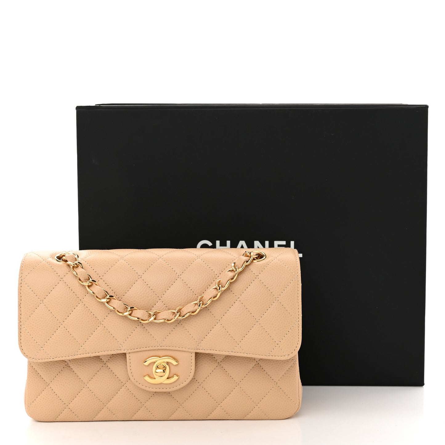 Caviar Quilted Small Double Flap Beige