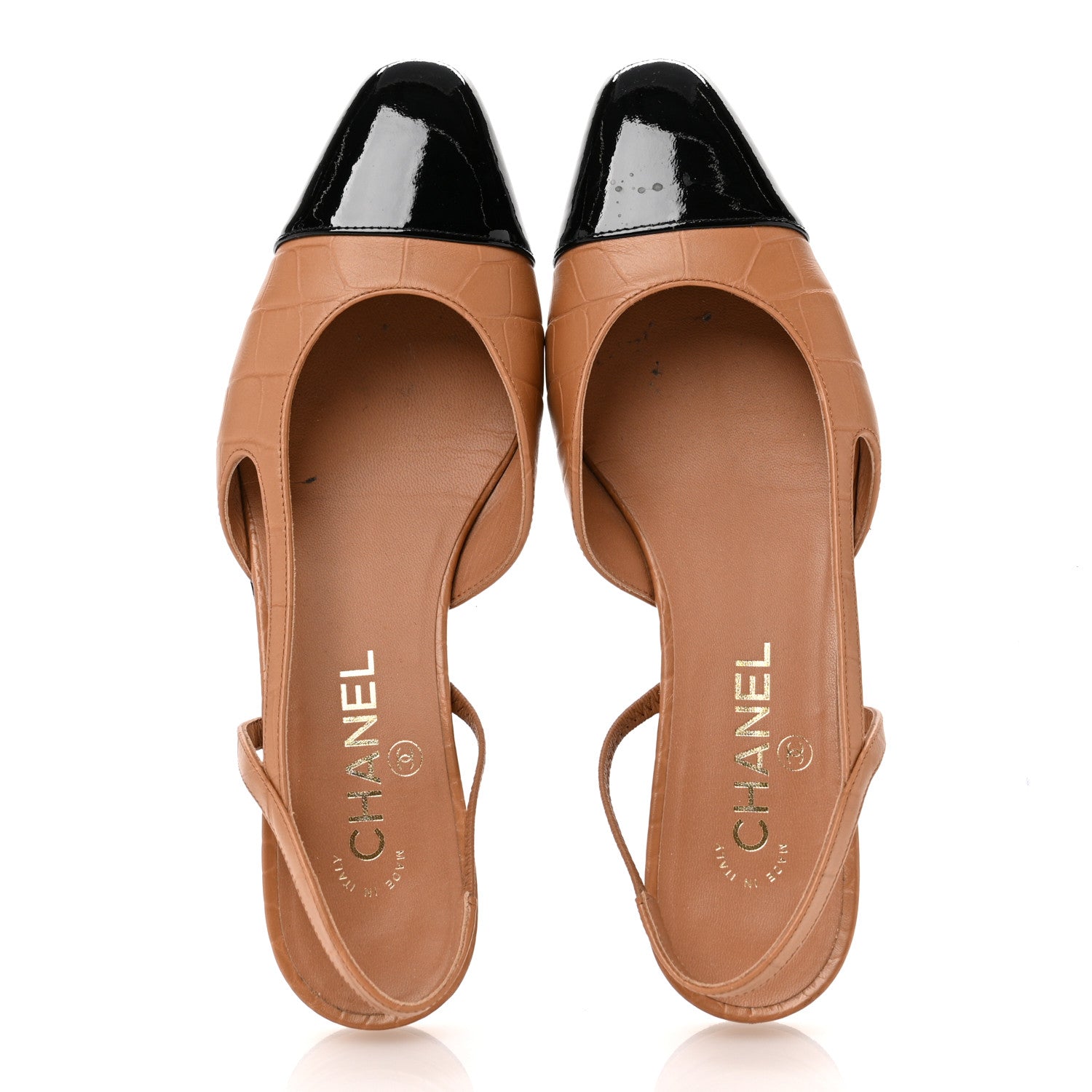 Chanel Calfskin Crocodile Embossed Patent Cap Toe CC Slingback Flats 39 Light Brown Black 2 of 12