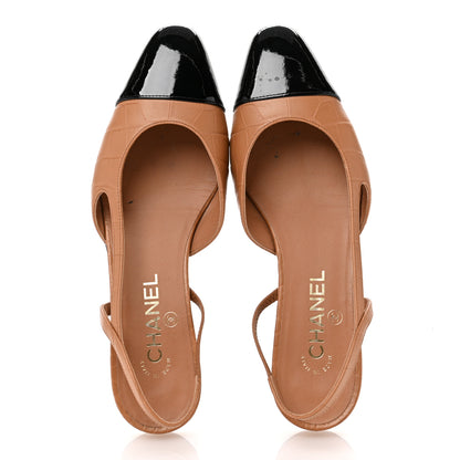 Chanel Calfskin Crocodile Embossed Patent Cap Toe CC Slingback Flats 39 Light Brown Black 2 of 12
