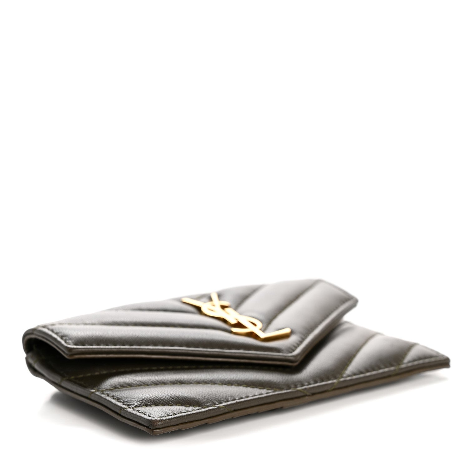 Saint Laurent Calfskin Matelasse Chevron Monogram Fragments Zippered Card Case Light Musk 4 of 8