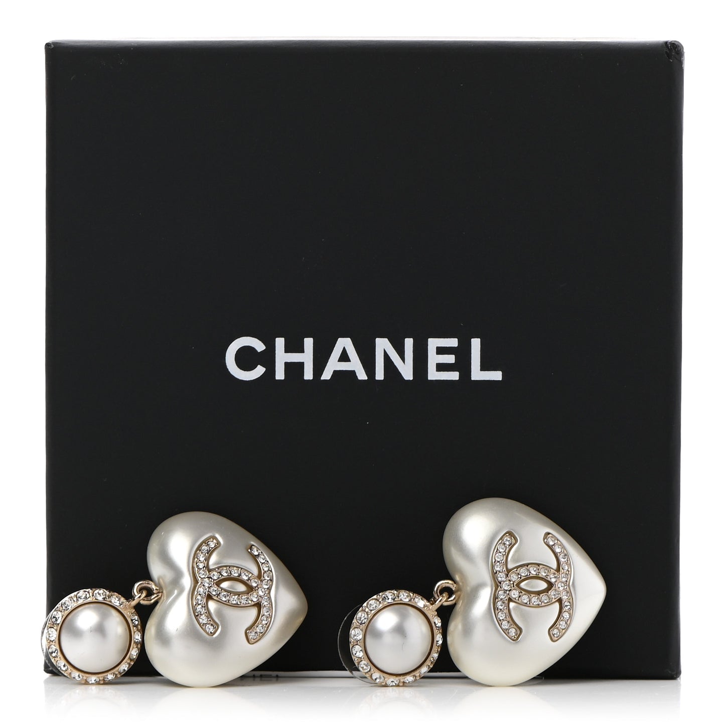 Pearl Crystal CC Heart Drop Earrings Gold