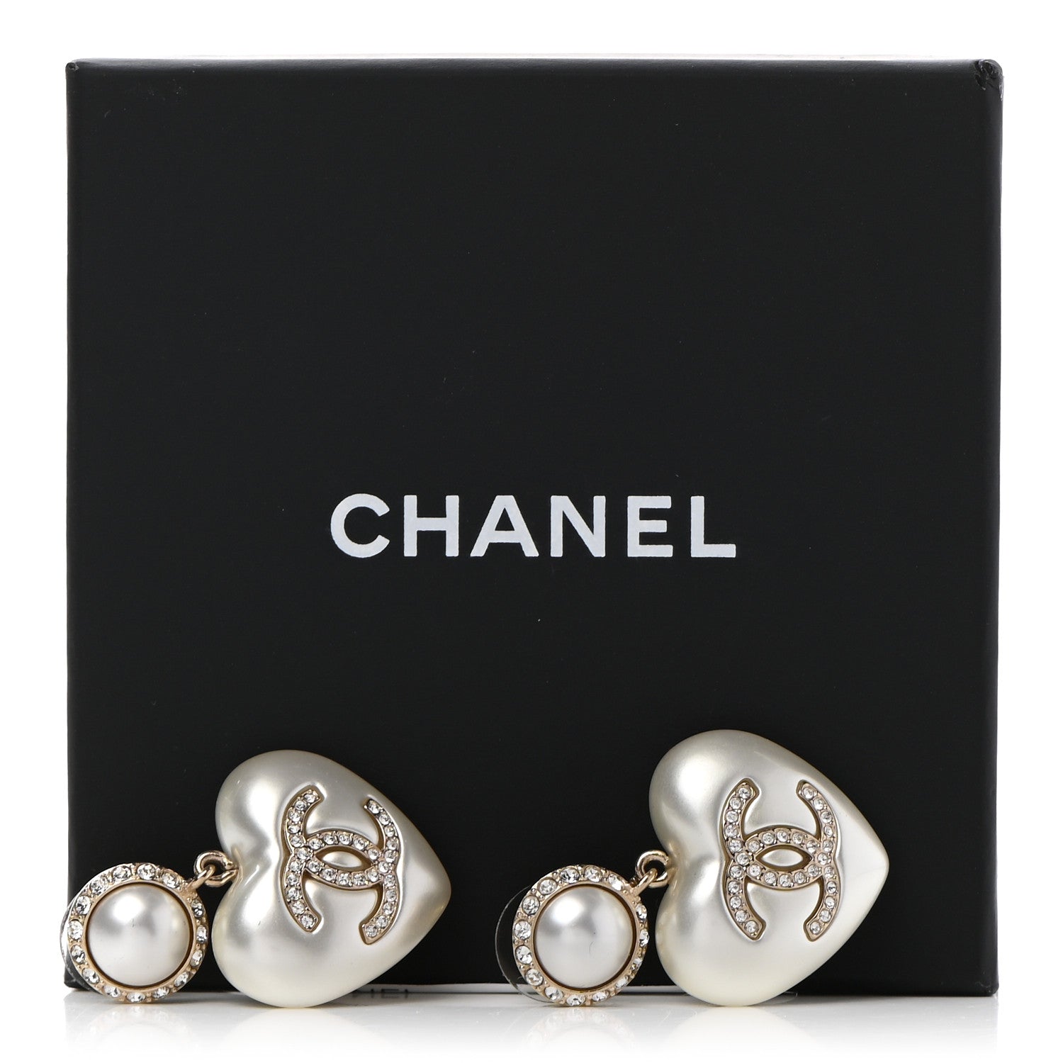 Chanel Pearl Crystal CC Heart Drop Earrings Gold 5 of 5