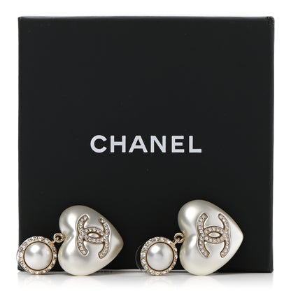 Chanel Pearl Crystal CC Heart Drop Earrings Gold 5 of 5