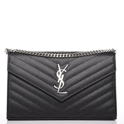 Saint Laurent Grain De Poudre Matelasse Chevron Medium Monogram Chain Wallet Black 1 of 6