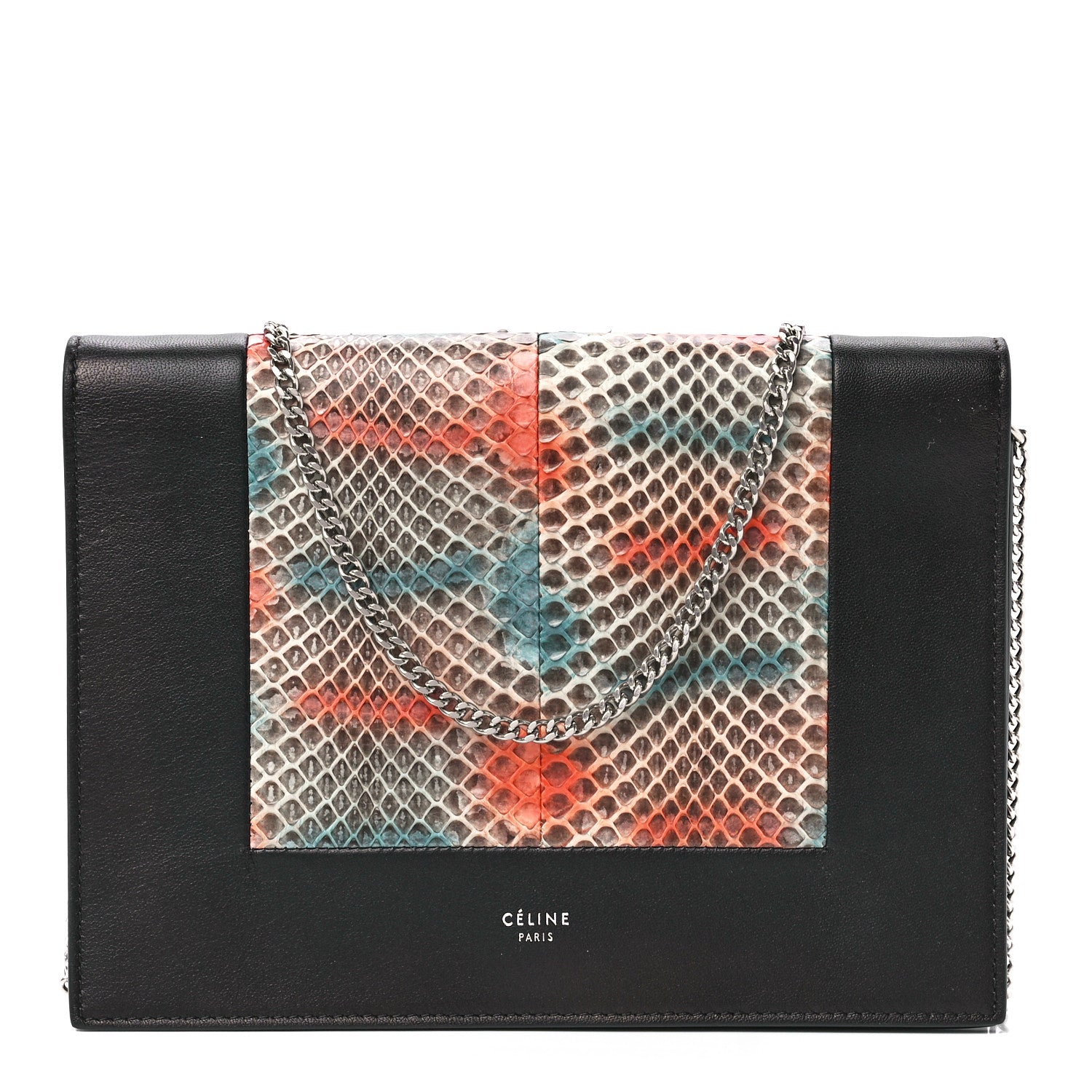Celine Snakeskin Smooth Lambskin Frame Evening Chain Clutch Black Multicolor 1 of 10