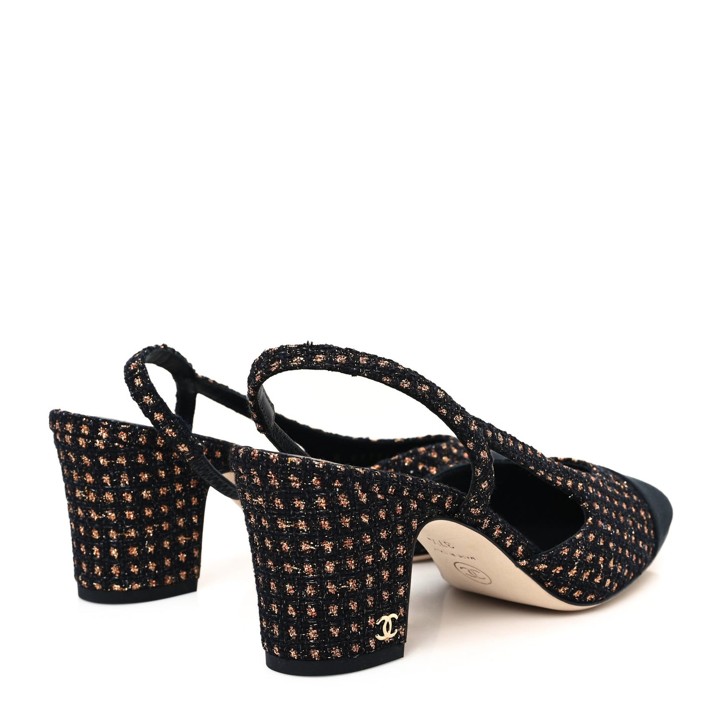 Iridescent Tweed Grosgrain Cap Toe CC Slingback Pumps 37.5 Black Gold