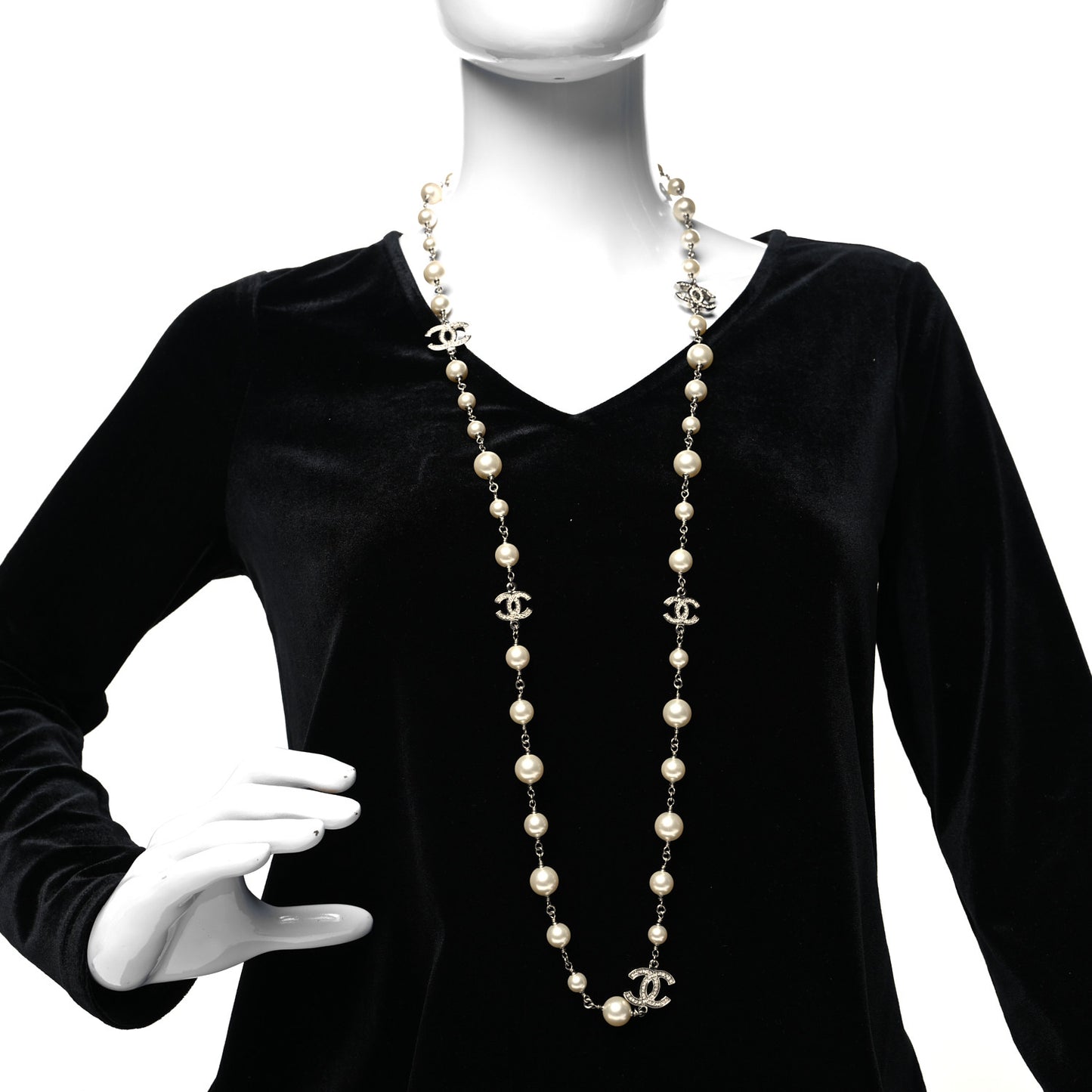 Graduated Pearl Crystal CC Long Necklace Silver