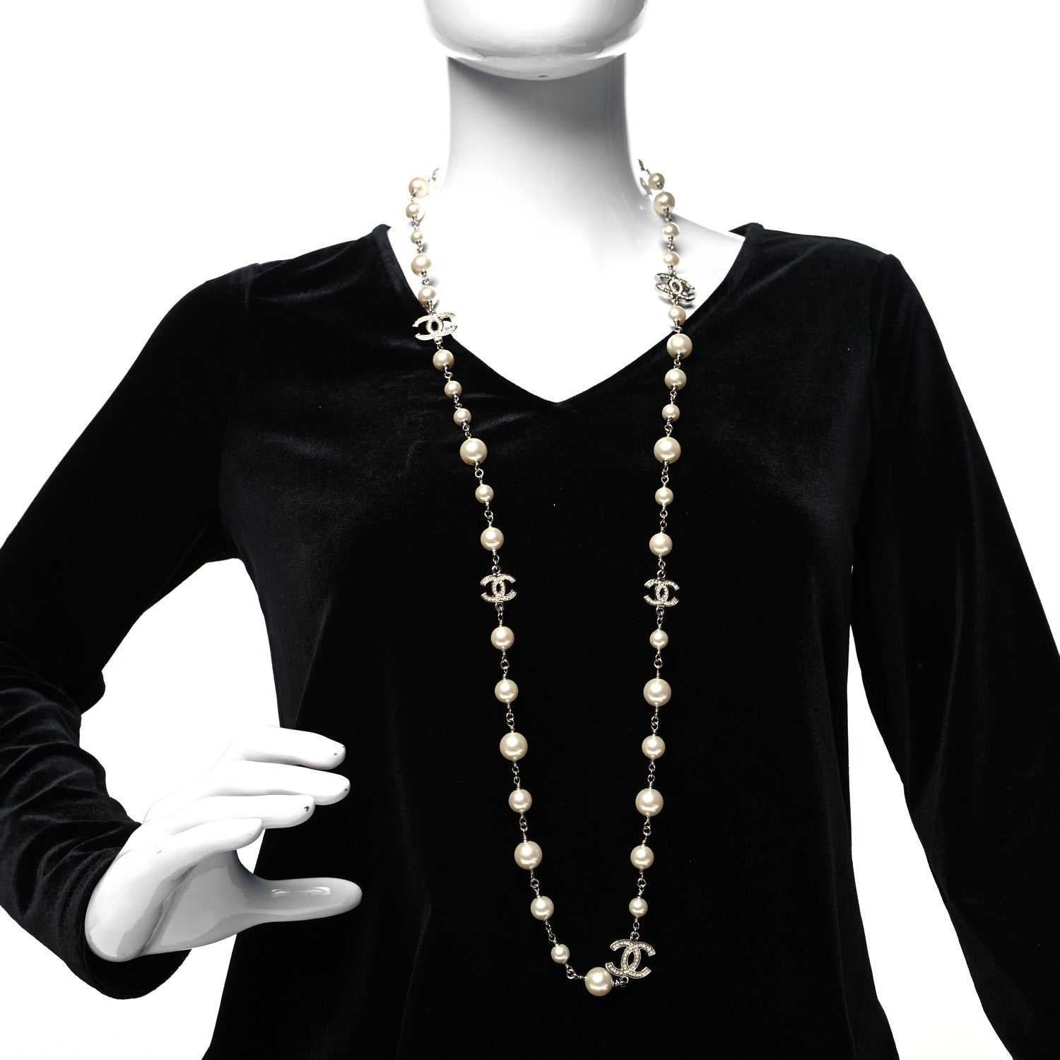 Chanel Graduated Pearl Crystal CC Long Necklace Silver 2 of 5
