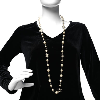Chanel Graduated Pearl Crystal CC Long Necklace Silver 2 of 5