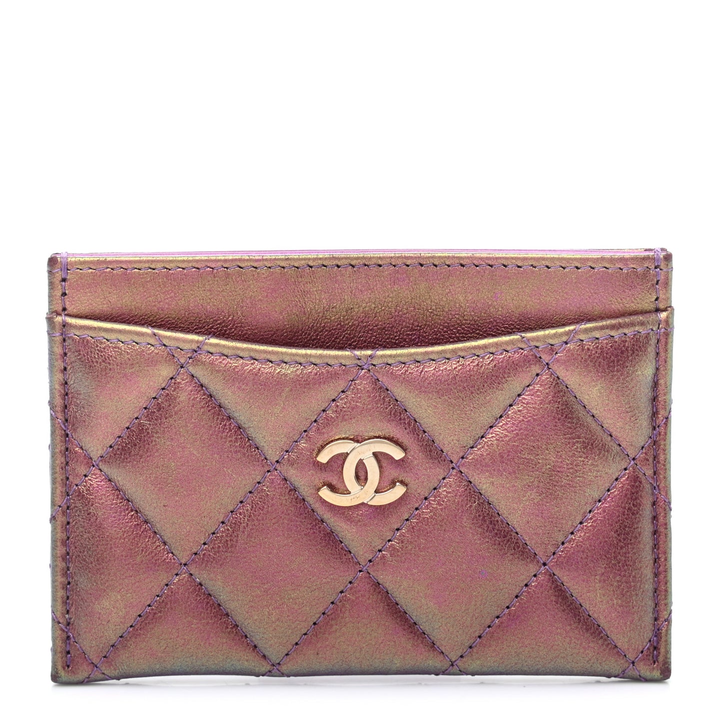 Iridescent Lambskin Quilted Card Holder Purple