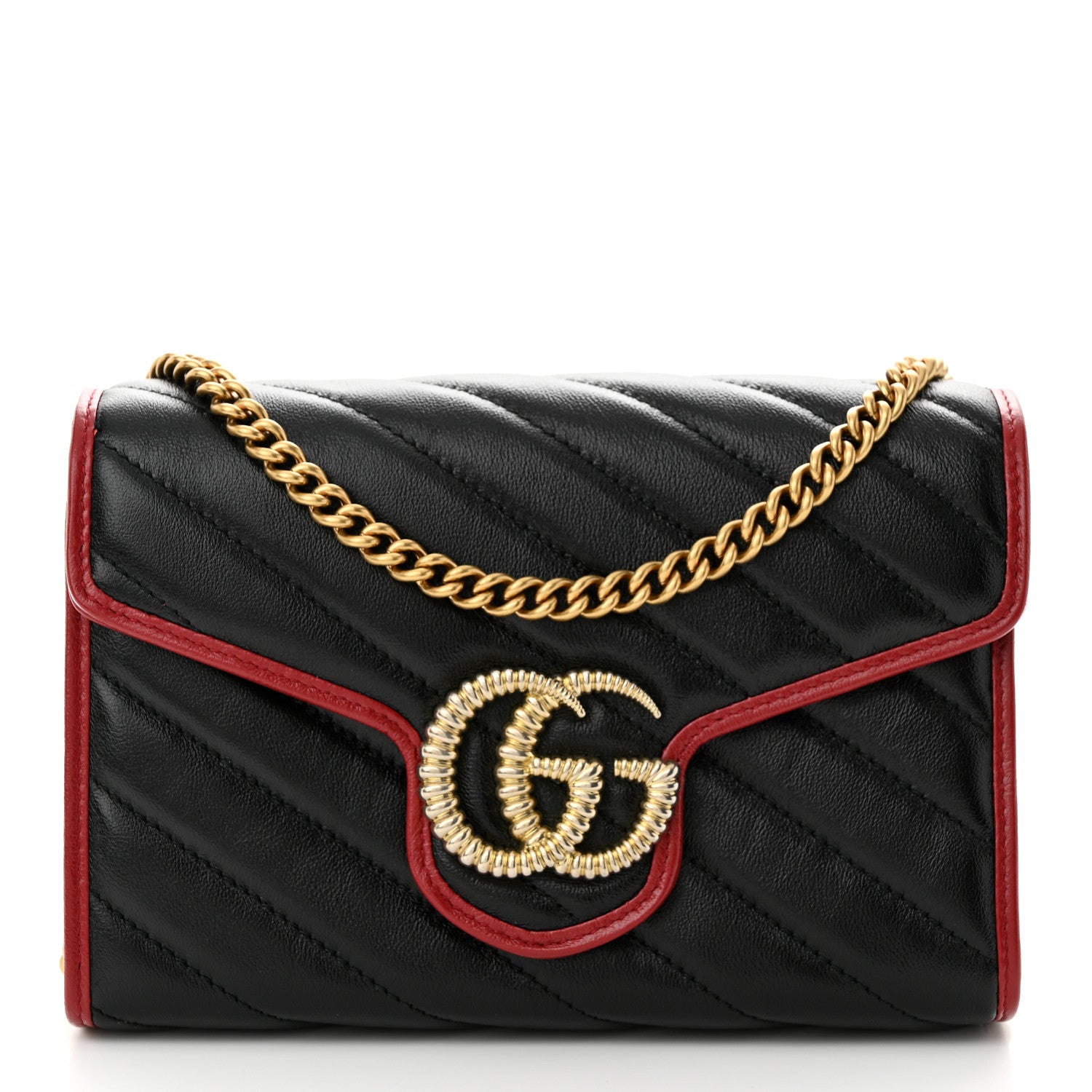 Gucci Vintage Effect Calfskin Matelasse Diagonal Torchon GG Marmont Chain Wallet Black Romantic Cherry 1 of 11