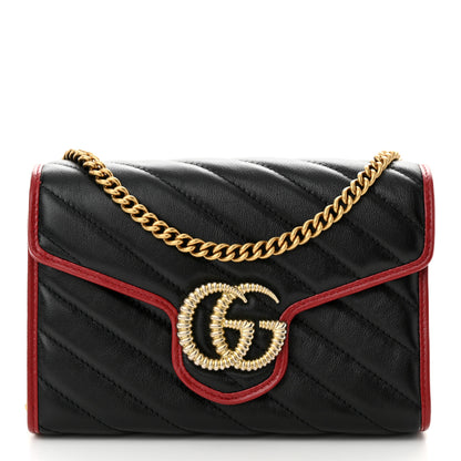 Gucci Vintage Effect Calfskin Matelasse Diagonal Torchon GG Marmont Chain Wallet Black Romantic Cherry 1 of 11