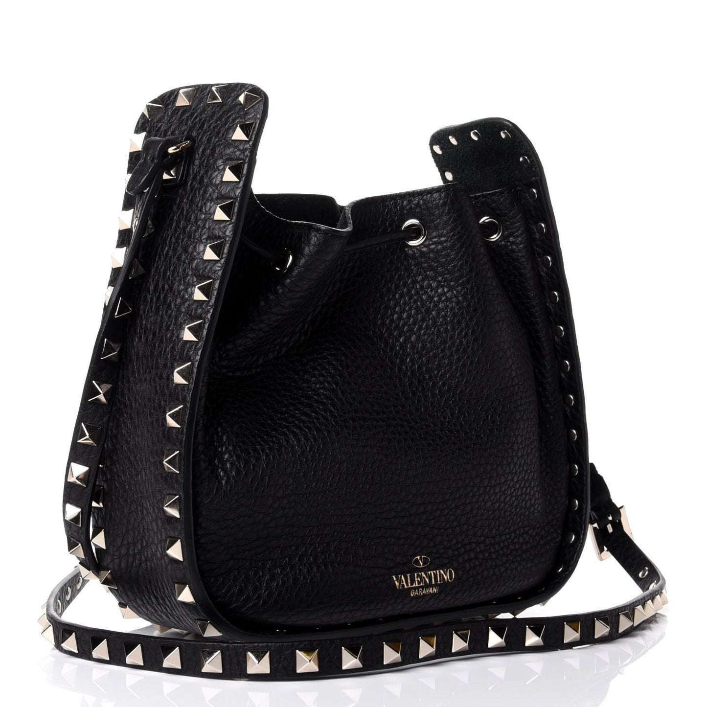 Grained Calfskin Rockstud Bucket Bag Black