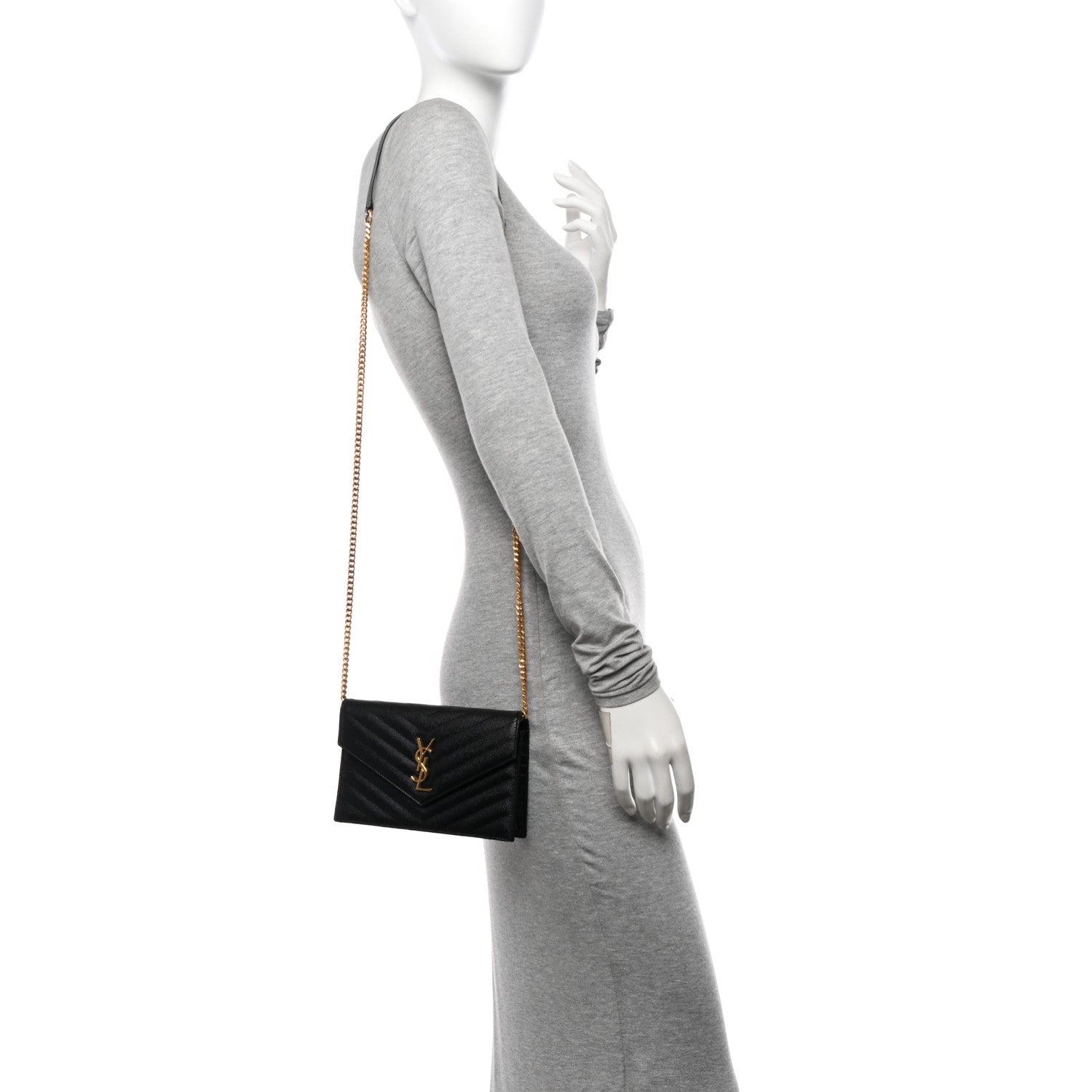 Saint Laurent Grain De Poudre Matelasse Chevron Monogram Envelope Chain Wallet Black 2 of 14