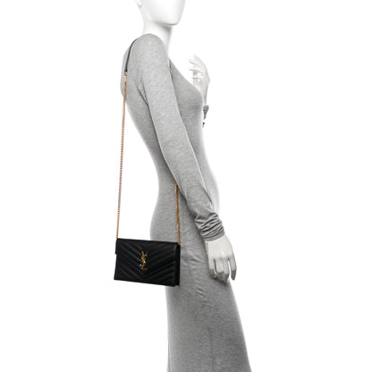 Saint Laurent Grain De Poudre Matelasse Chevron Monogram Envelope Chain Wallet Black 2 of 14