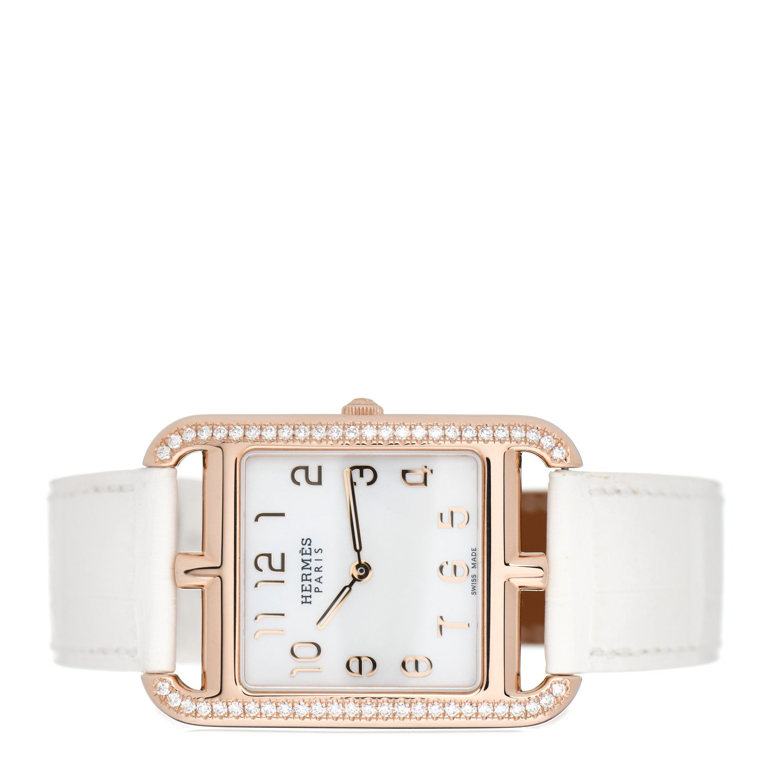 Hermes 18K Rose Gold Alligator Diamond Bezel Mother of Pearl 29mm Cape Cod Quartz Watch Blanc 2 of 5
