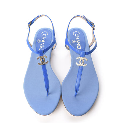 Chanel Shiny Kidskin CC Logo Thong Sandals 37.5 Blue 5 of 10