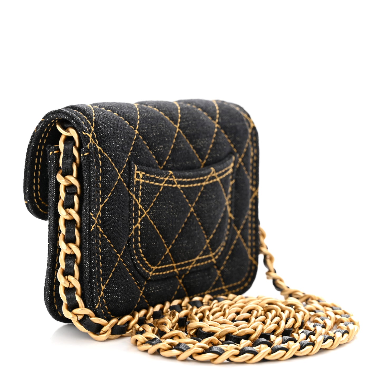 Denim Quilted Double You Card Holder On Chain Black Golden