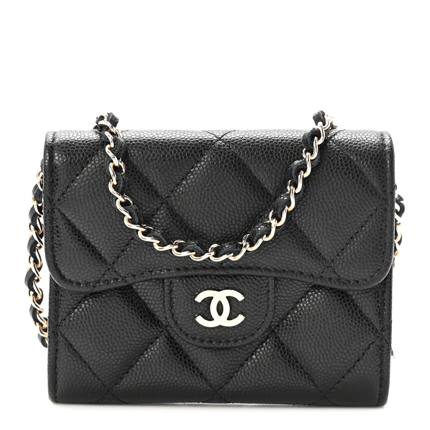 Caviar Quilted Flap Card Holder On Chain Black
