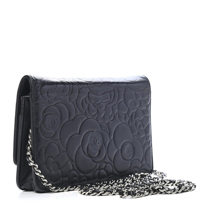 Chanel Lambskin Camellia Embossed Wallet On Chain WOC Black 3 of 9