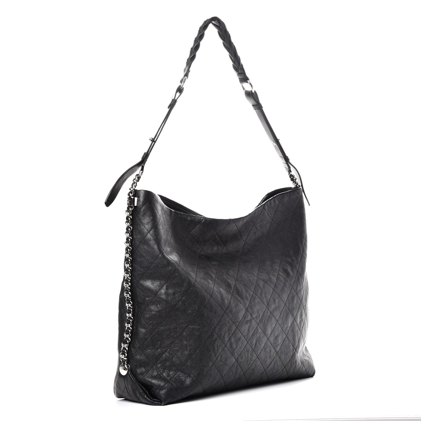 Grained Calfskin Stitched Large Braided With Style Hobo Black