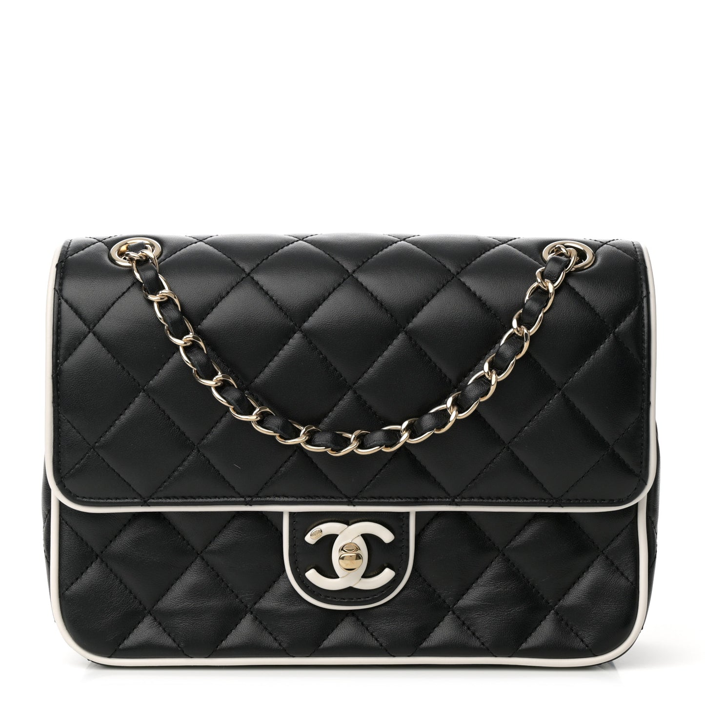 Lambskin Quilted Resin Graphic Frame Flap Bag Black White